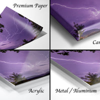 The image is a collage of four different images depicting a purple sky with lightning, each labeled with the type of material used to print the image: "Premium Paper", "Canvas Wrap", "Acrylic", and "Metal/Aluminum".