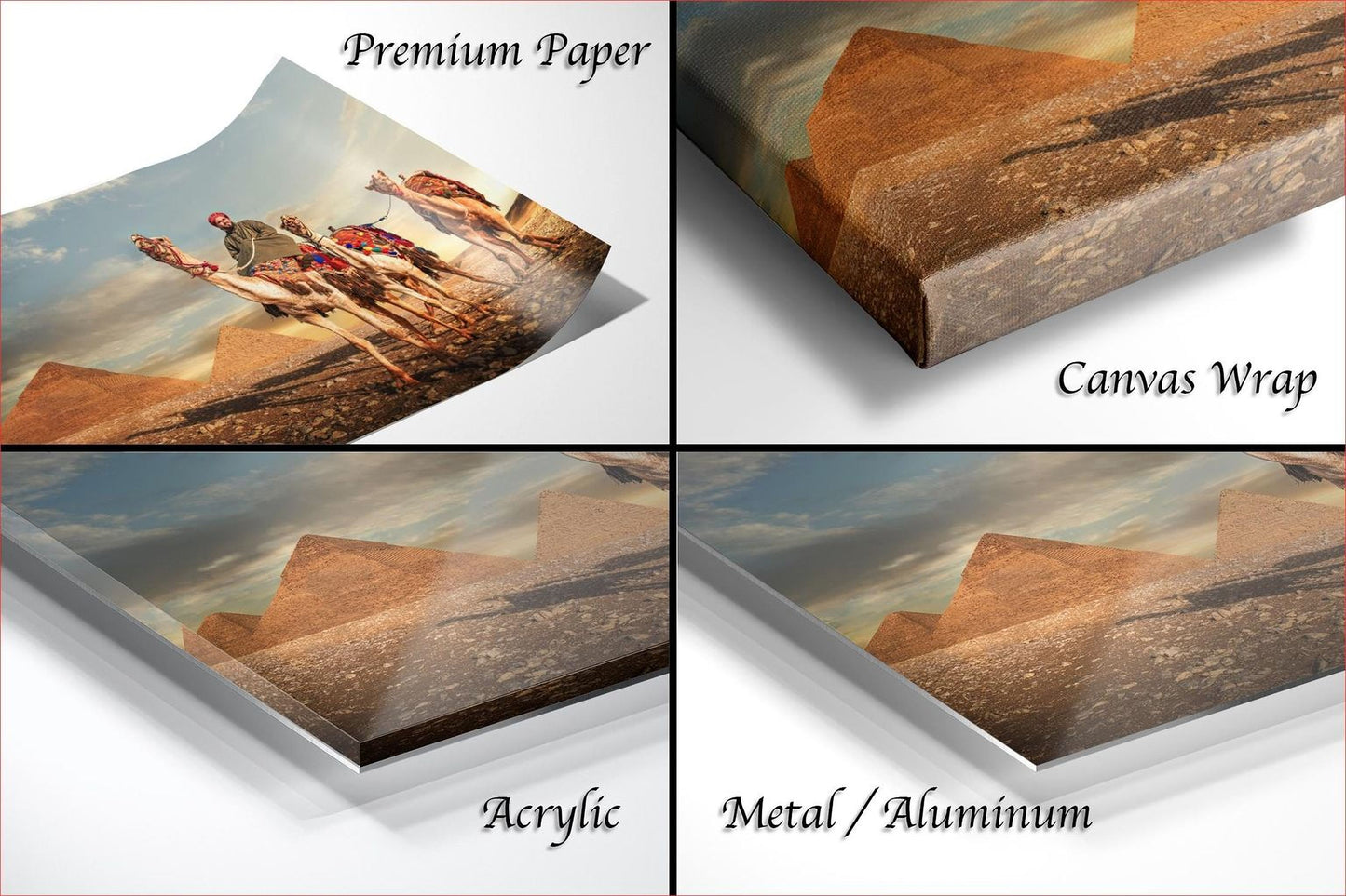 The image is a collage of four different views of a desert landscape with sand dunes and mountains, including a close-up of the sand dunes and a wider view of the landscape.