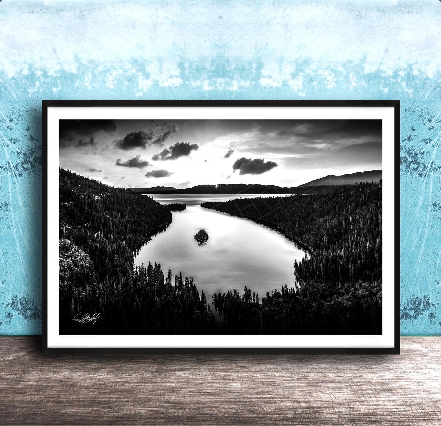 Emerald Bay Lake Print – Serene Mountain Landscape Art with Pine Tree Scene Canvas