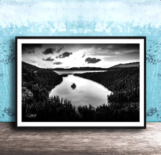 Emerald Bay Lake Print – Serene Mountain Landscape Art with Pine Tree Scene Canvas