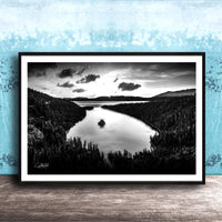 Emerald Bay Lake Print – Serene Mountain Landscape Art with Pine Tree Scene Canvas