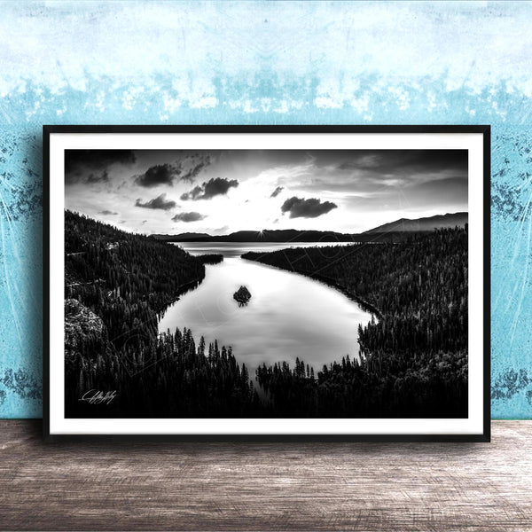 Emerald Bay Lake Print – Serene Mountain Landscape Art with Pine Tree Scene Canvas