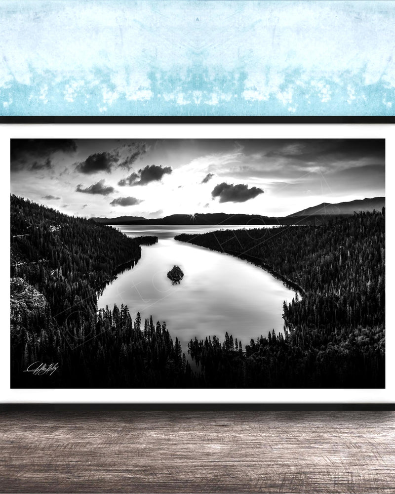 Emerald Bay Lake Print – Serene Mountain Landscape Art with Pine Tree Scene Canvas