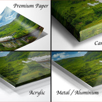 The image is a collage of four different images, each depicting a landscape scene. The images are labeled as "Premium Paper", "Canvas Wrap", "Acrylic", and "Metal/Aluminum".