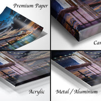 The image is a collage of four different views of a bridge at night, each with a different description: "Premium Paper", "Canvas Wrap", "Acrylic", and "Metal/Aluminum".