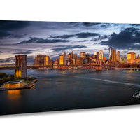 a stunning skyline of a city at dusk, with the city's skyscrapers and landmarks illuminated against a dramatic cloudy sky.