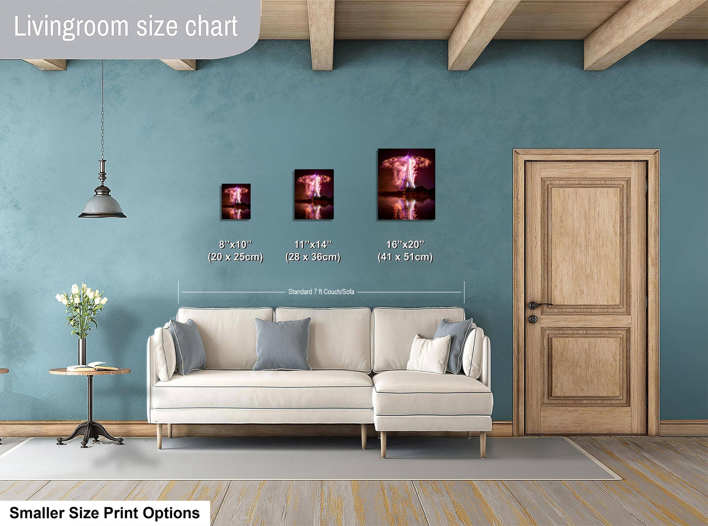 a living room with a white sofa, a wooden door, and a hanging light fixture. There are three framed artworks of different sizes displayed on the wall, with the largest one being 11 x 14" and the smallest one being 8 x 10".