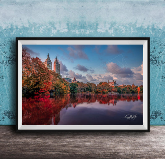 A framed photograph of the New York City skyline, with the city's iconic landmarks and trees reflected in the water below.