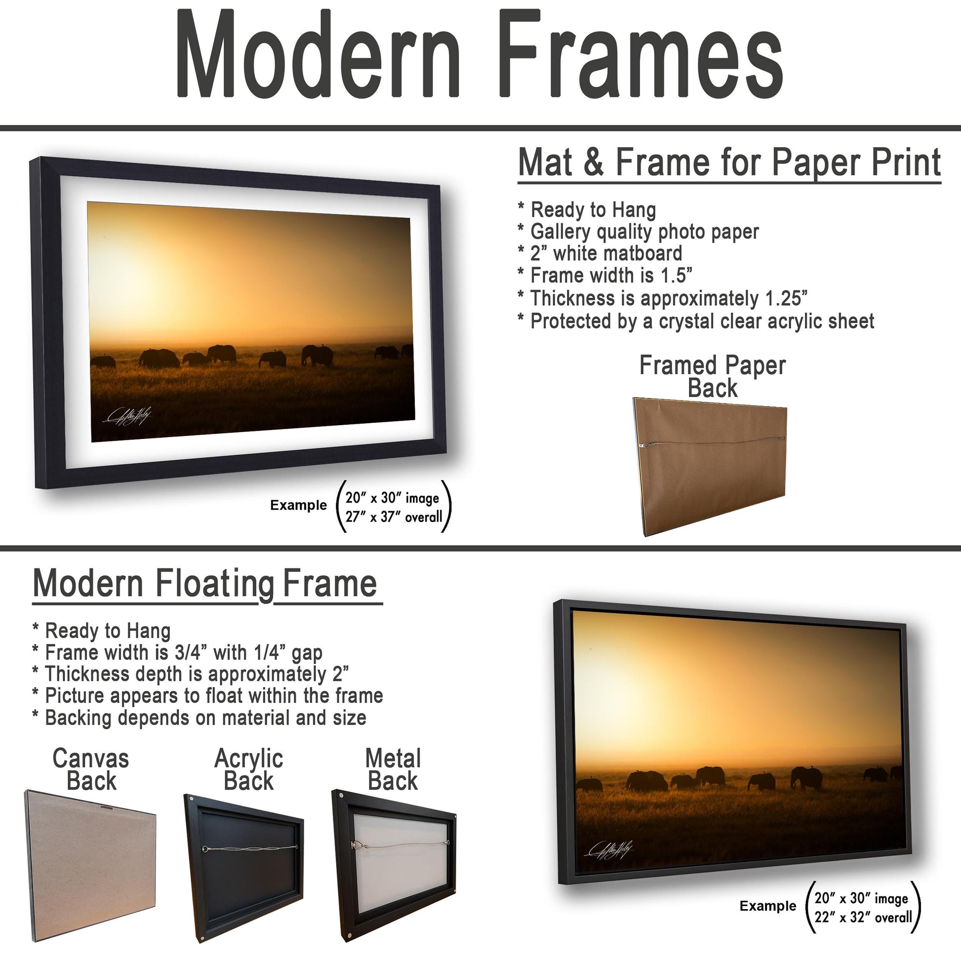 The image is a collection of framed artworks, including a mat and frame for a paper print, a modern floating frame, and a framed paper back.