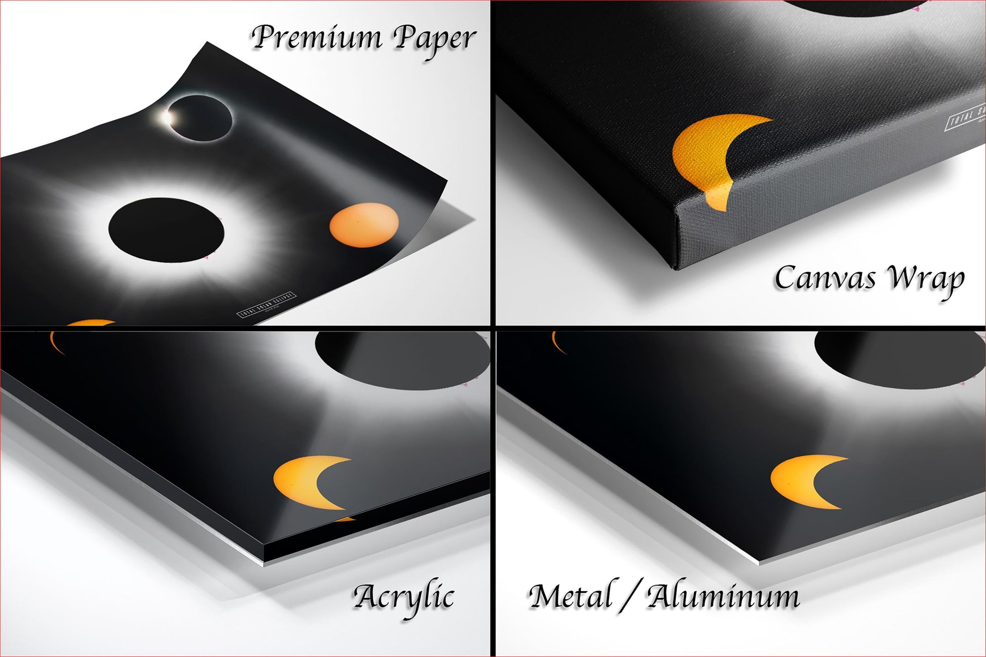 The image is a collage of four different images, each depicting a black background with yellow crescent moons and a solar eclipse. The images are labeled as "Premium Paper", "Canvas Wrap", "Acrylic", and "Metal/Aluminum".
