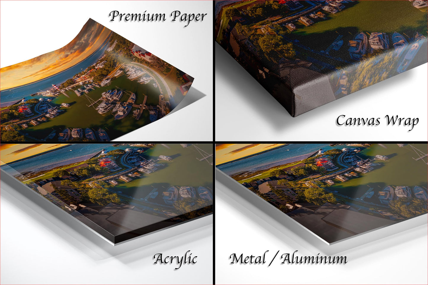 The image is a collage of four different views of a landscape, each with a different material or finish, including acrylic, metal, and aluminum.