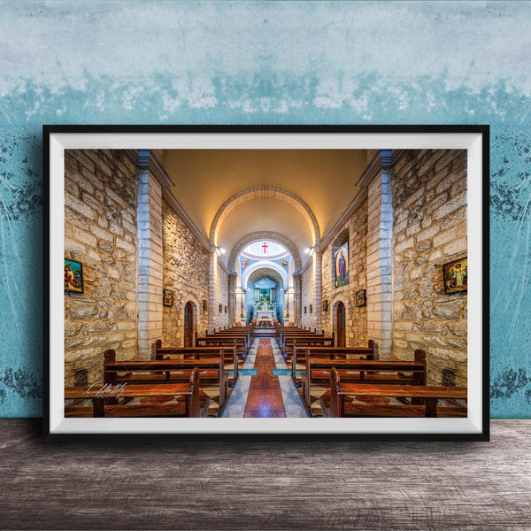 a serene and peaceful church interior, with rows of wooden pews lining the walls and a large arched window at the far end. The walls are made of stone, and the ceiling is adorned with arched windows, creating a warm and inviting atmosphere. The overall scene conveys a sense of tranquility and reverence, typical of a place of worship.