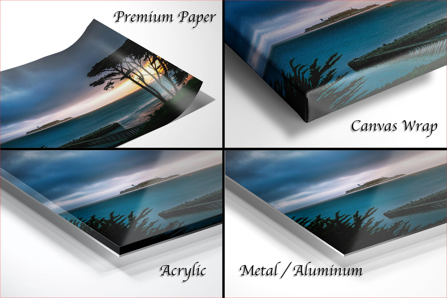 The image is a collage of four different views of a sunset over a body of water, with each view presented in a different medium: premium paper, canvas wrap, acrylic, and metal/aluminum.