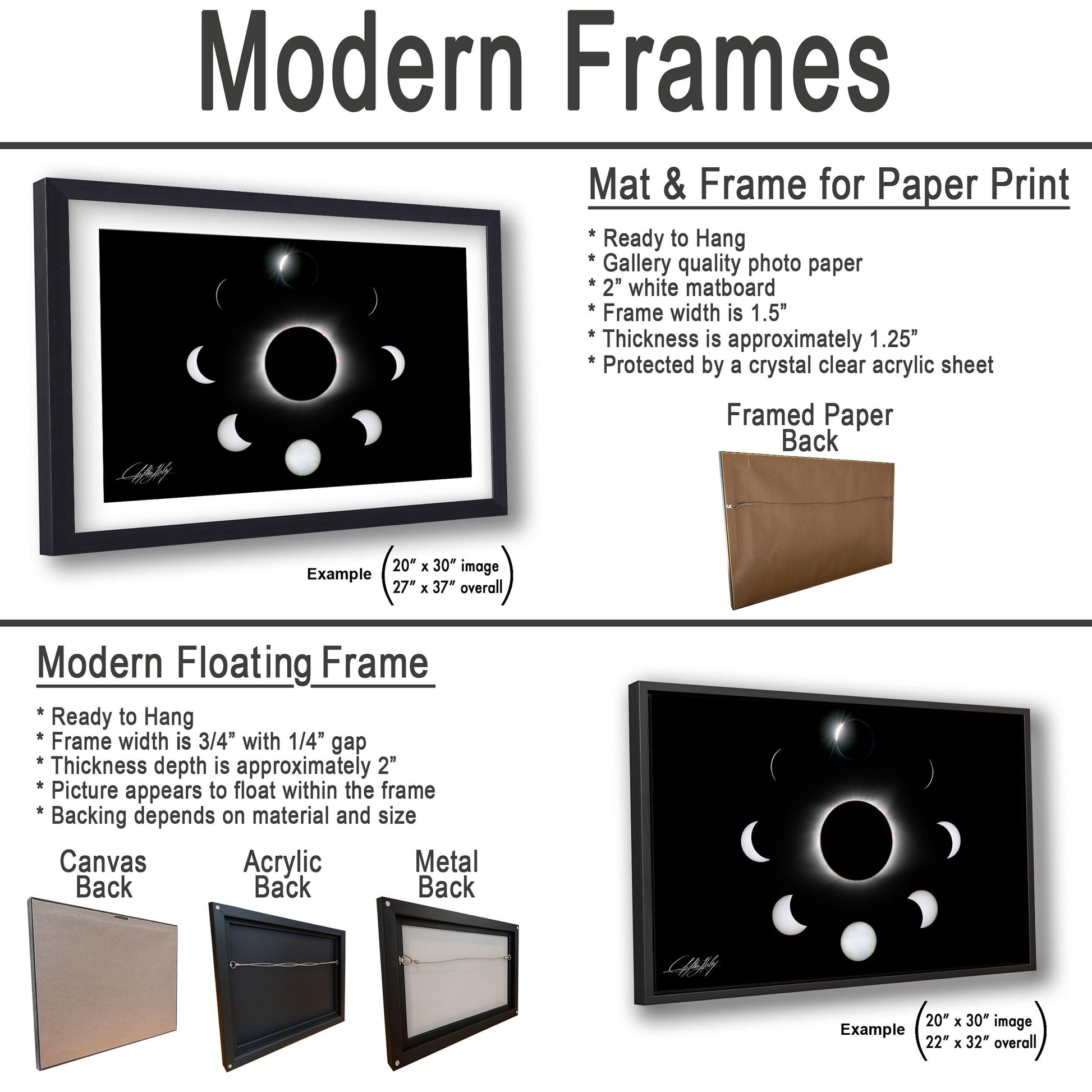 The image is a collection of framed artworks, including a mat and frame for paper print, a modern floating frame, and a framed paper back. The artworks are displayed in various sizes and frame types, showcasing the versatility of these frames for different artistic purposes.