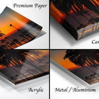 The image is a collage of four different images, each depicting a sunset scene with palm trees. The images are labeled as "Premium Paper", "Canvas Wrap", "Acrylic", and "Metal/Aluminum".