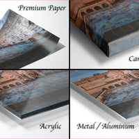 The image is a collage of four different views of a stone building, with each view labeled as either "Premium Paper", "Canvas Wrap", "Acrylic", or "Metal/Aluminum".