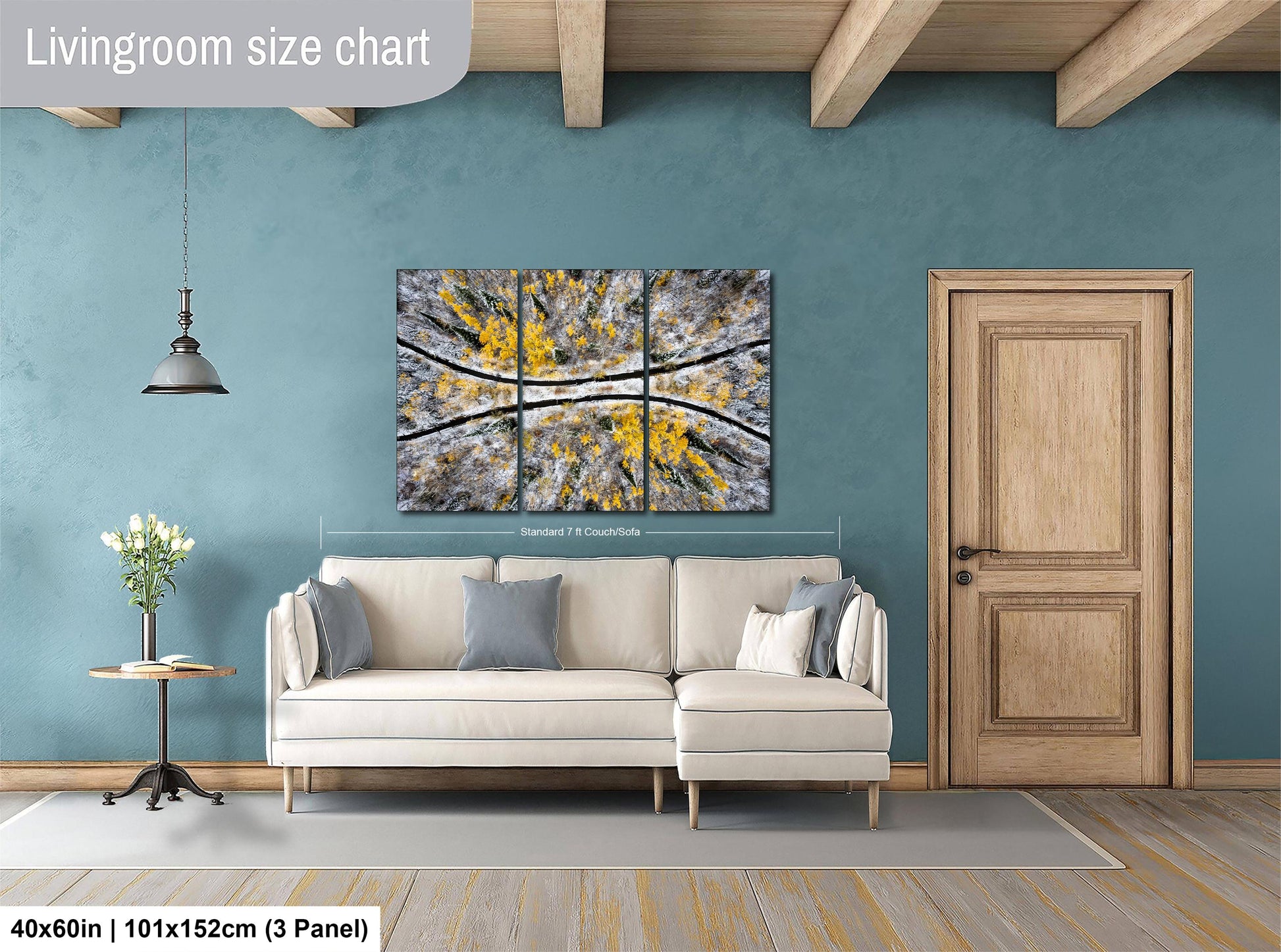 a living room with a white sofa, a wooden door, and a large abstract painting on the wall. The painting is divided into six panels, and the living room appears to be spacious and well-lit.