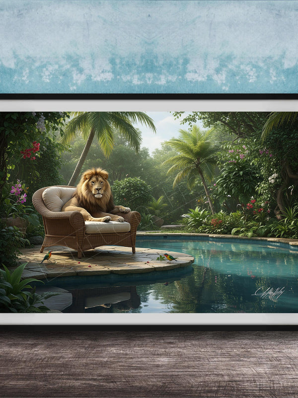 A framed image depicting a lion sitting in a chair on a wooden platform, overlooking a tranquil pool surrounded by lush greenery and palm trees.