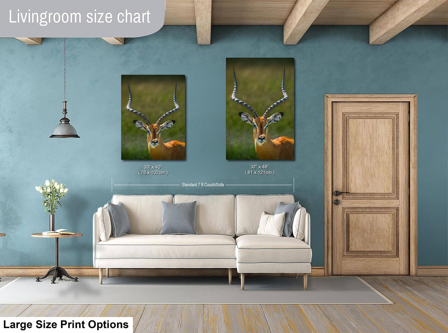 a living room with a white sofa, a wooden door, and two framed photographs of a gazelle on the wall.