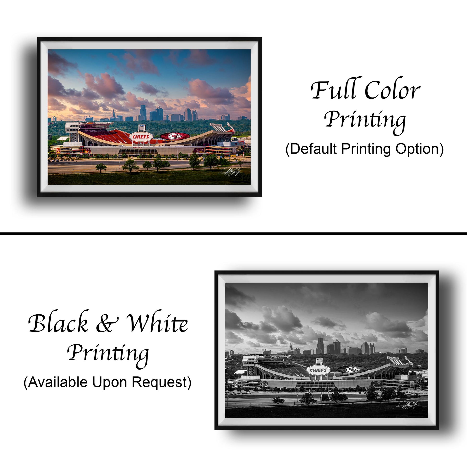 The image is a collage of two framed pictures. The top picture is a full color print of a stadium, while the bottom picture is a black and white print of the same stadium. The text below the images indicates that the full color printing is available upon request.