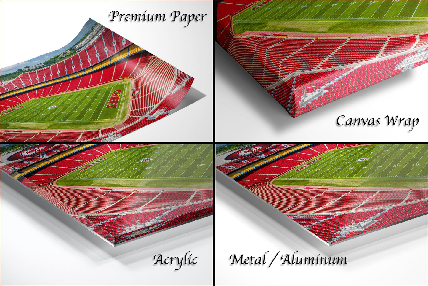 The image is a collage of four different views of a football stadium, each showing a different perspective of the field and seating areas.