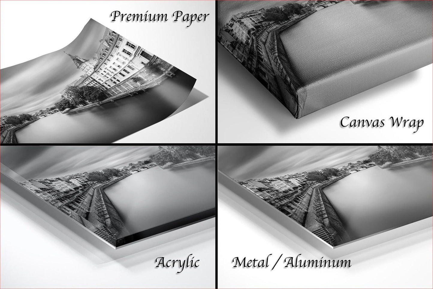 four different views of a black and white photograph of a cityscape, including a close-up of a bridge, a landscape view, and a close-up of a building. The text labels the different views as "Premium Paper", "Canvas Wrap", "Acrylic", and "Metal/Aluminum".
