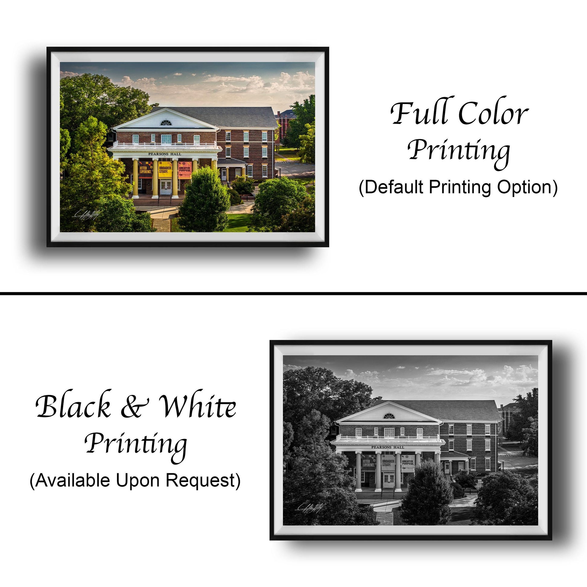 The image is a collage of two framed pictures. The top picture is a full color print of a building, while the bottom picture is a black and white print of the same building. The text below the images indicates that the full color printing is available upon request, and the black and white print is not.