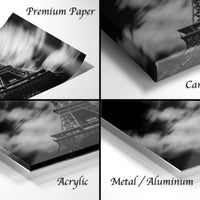 The image is a collage of four different images, each depicting the Eiffel Tower in various ways. The images include a close-up view of the tower, a wide-angle shot, a close-up of the tower's intricate details, and a close-up of the tower's reflection on a surface. The images are labeled as "Premium Paper", "Canvas Wrap", "Acrylic", and "Metal/Aluminum" to describe the materials used in the prints.