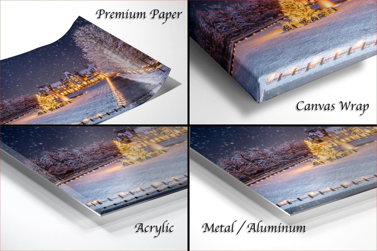The image is a collage of four photos depicting a snowy landscape at night, with a focus on the trees and the illuminated Christmas lights.