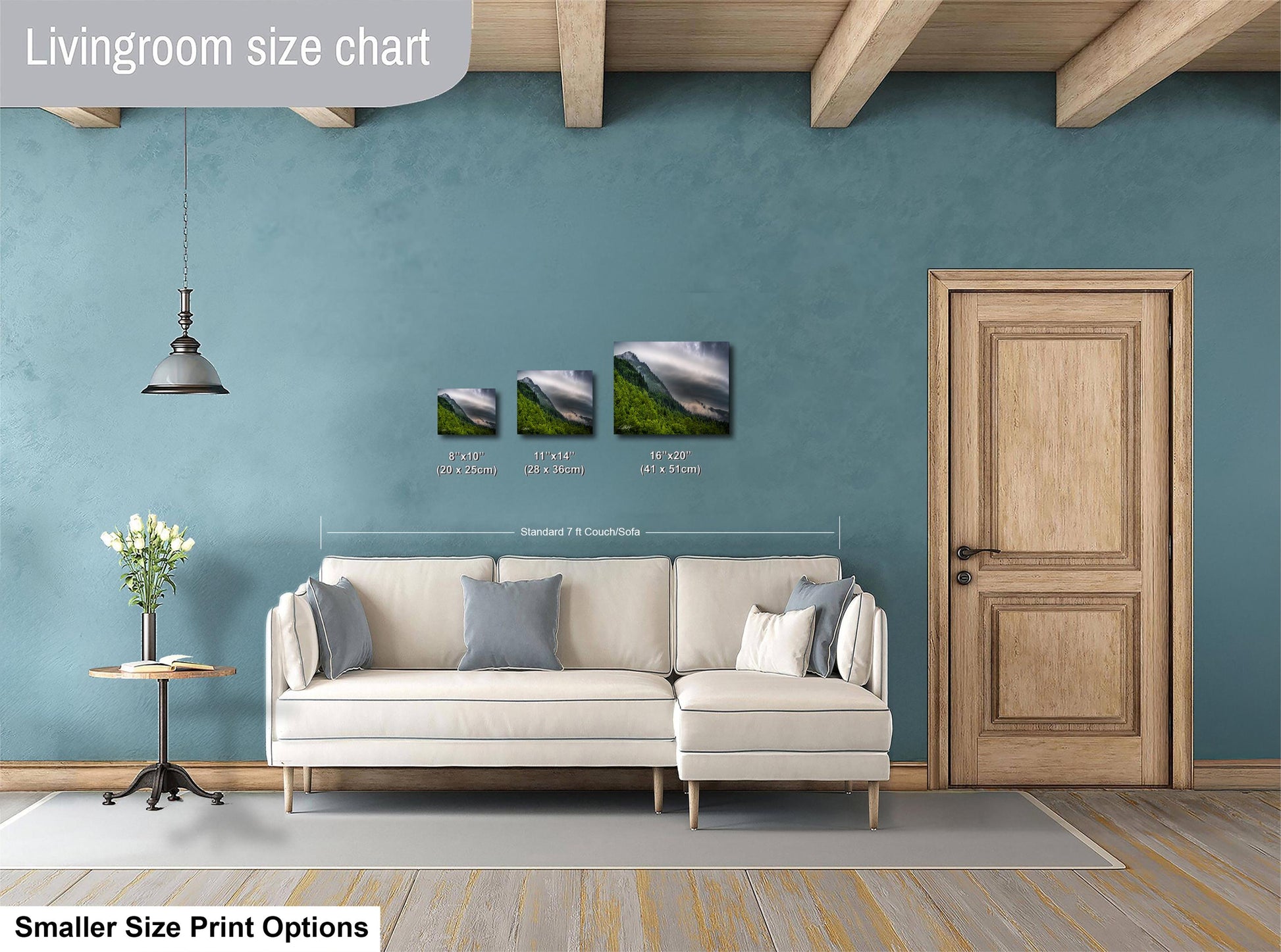 a living room with a white sofa, a wooden door, and a hanging light fixture. There are three framed landscape paintings on the wall, each with different sizes and dimensions. The text "Livingroom size chart" is visible, indicating that the image is a size chart for the living room.
