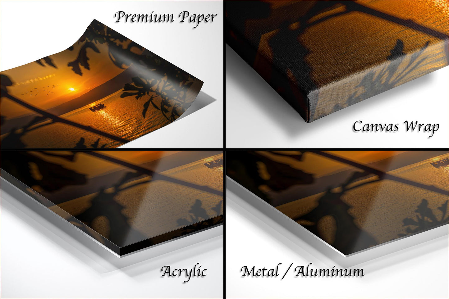 The image is a collage of four different materials used for printing, including premium paper, canvas wrap, acrylic, and metal/aluminum.