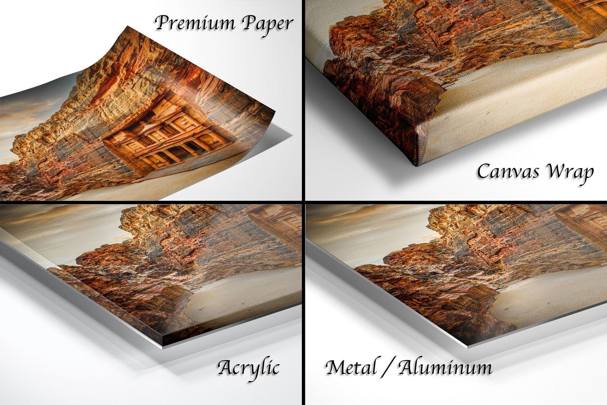 The image is a collage of four different views of a rocky cliff or mountain landscape, each with a distinct texture and finish. The images are labeled as "Premium Paper", "Canvas Wrap", "Acrylic", and "Metal/Aluminum".