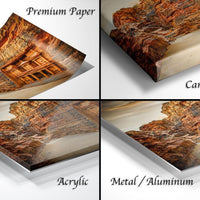 The image is a collage of four different views of a rocky cliff or mountain landscape, each with a distinct texture and finish. The images are labeled as "Premium Paper", "Canvas Wrap", "Acrylic", and "Metal/Aluminum".