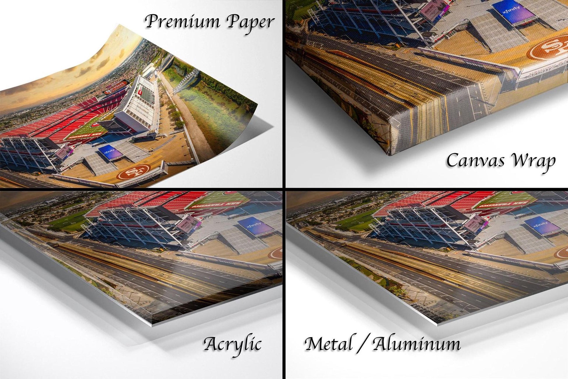 The image is a collage of four different views of a large stadium, with each view presented in a different medium: a printed paper, a canvas wrap, an acrylic print, and a metal/aluminum print.