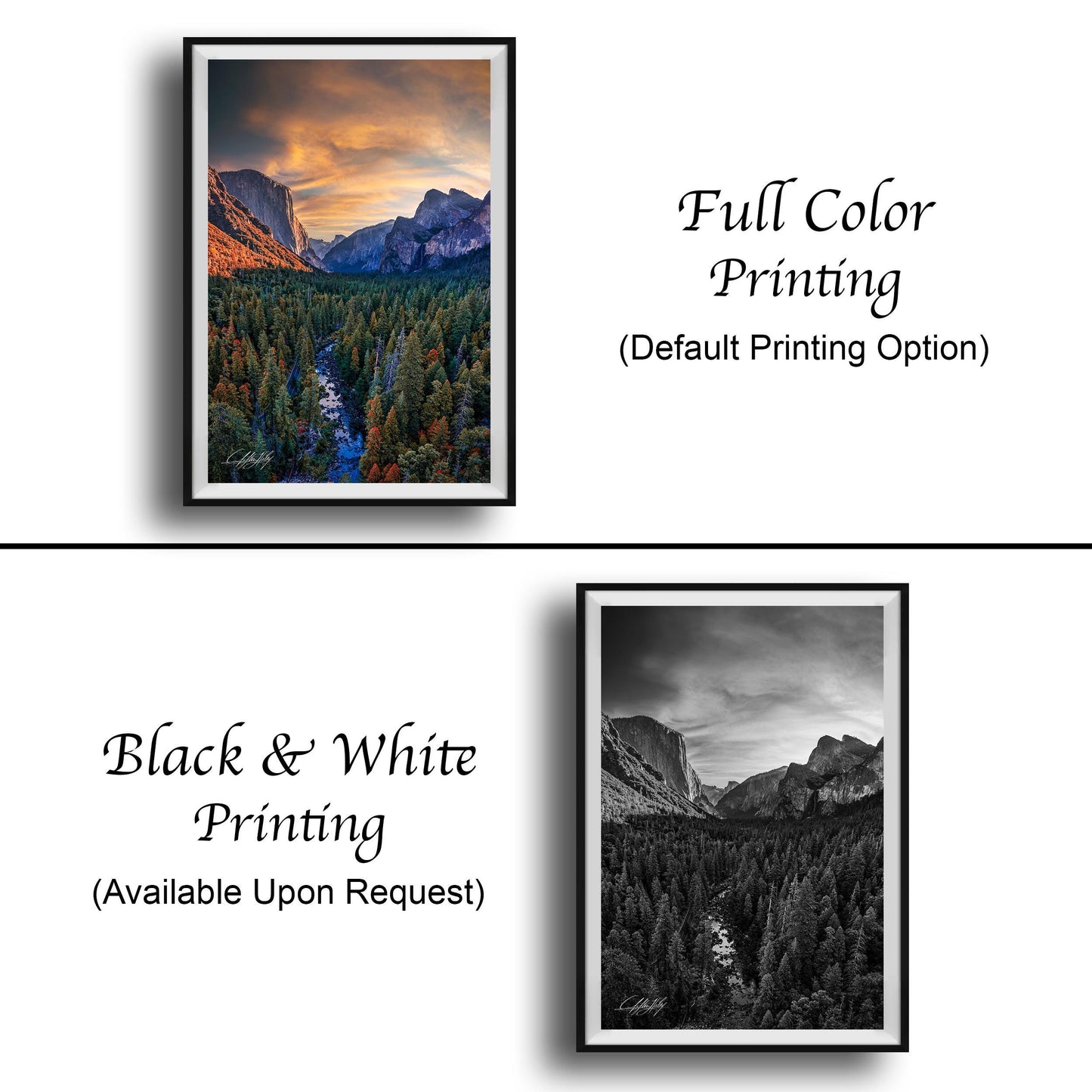 The image is a collage of two framed pictures. The top picture is a full color print of a mountainous landscape with a river, while the bottom picture is a black and white print of the same mountainous landscape. Both pictures are framed and available upon request.