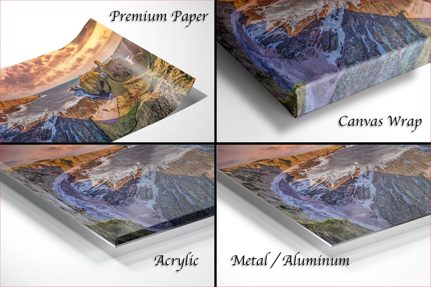 The image is a collage of four different images, each depicting a landscape with mountains, trees, and water. The images are labeled as "Premium Paper", "Canvas Wrap", "Acrylic", and "Metal/Aluminum".