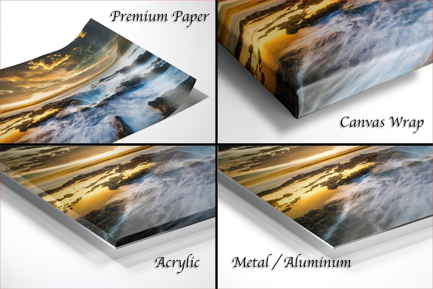 The image is a collage of four different images, each depicting a landscape scene. The images are labeled as "Premium Paper", "Canvas Wrap", "Acrylic", and "Metal/Aluminum".
