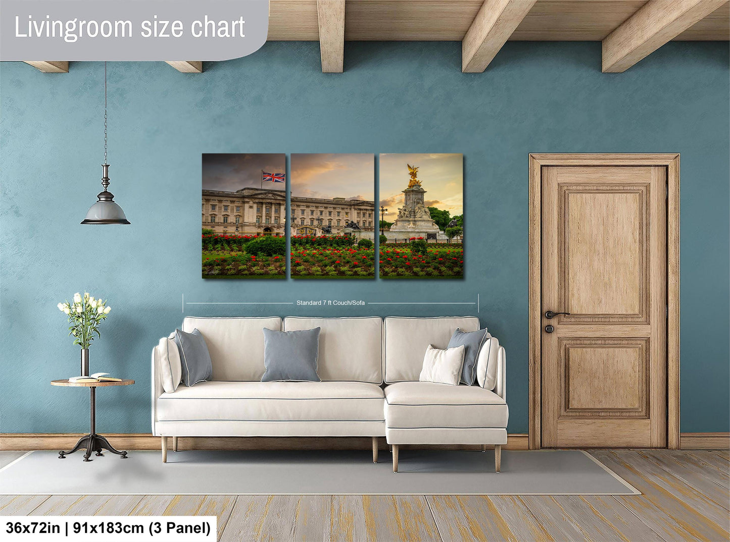 The image is a living room with a large white sofa and a wooden door. Above the sofa, there is a livingroom size chart that provides dimensions for the artwork, which is a collage of three pictures depicting a palace and a garden.