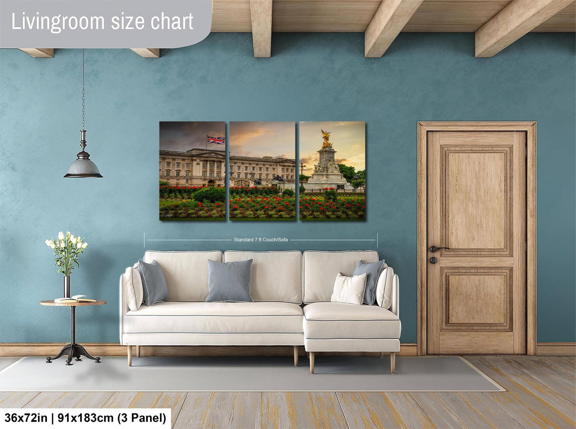 The image is a living room with a large white sofa and a wooden door. Above the sofa, there is a livingroom size chart that provides dimensions for the artwork, which is a collage of three pictures depicting a palace and a garden.