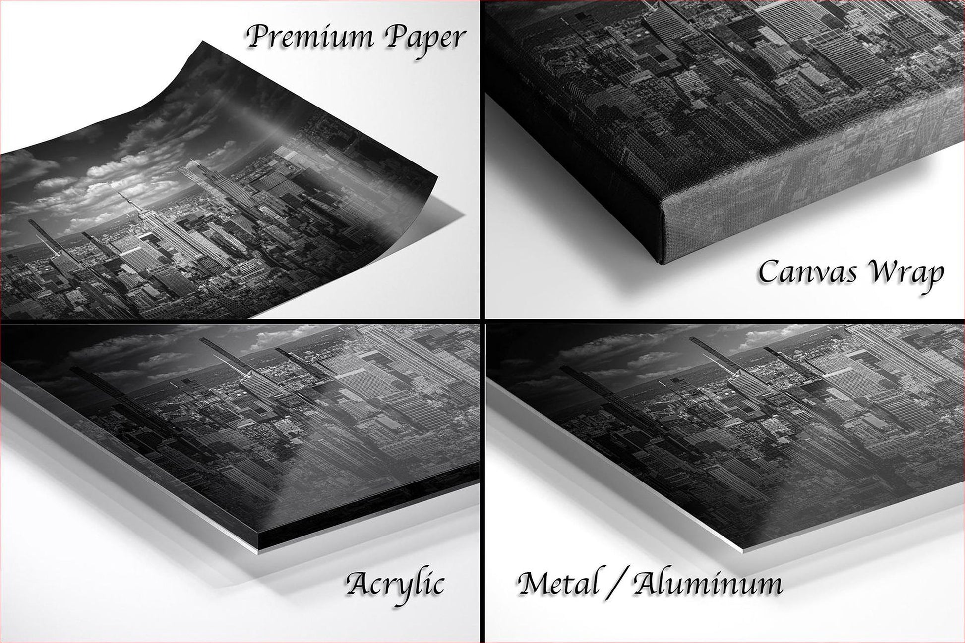 The image is a collage of four different views of a cityscape, each with a different finish: "Premium Paper", "Canvas Wrap", "Acrylic", and "Metal/Aluminum".