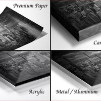 The image is a collage of four different views of a cityscape, each with a different finish: "Premium Paper", "Canvas Wrap", "Acrylic", and "Metal/Aluminum".