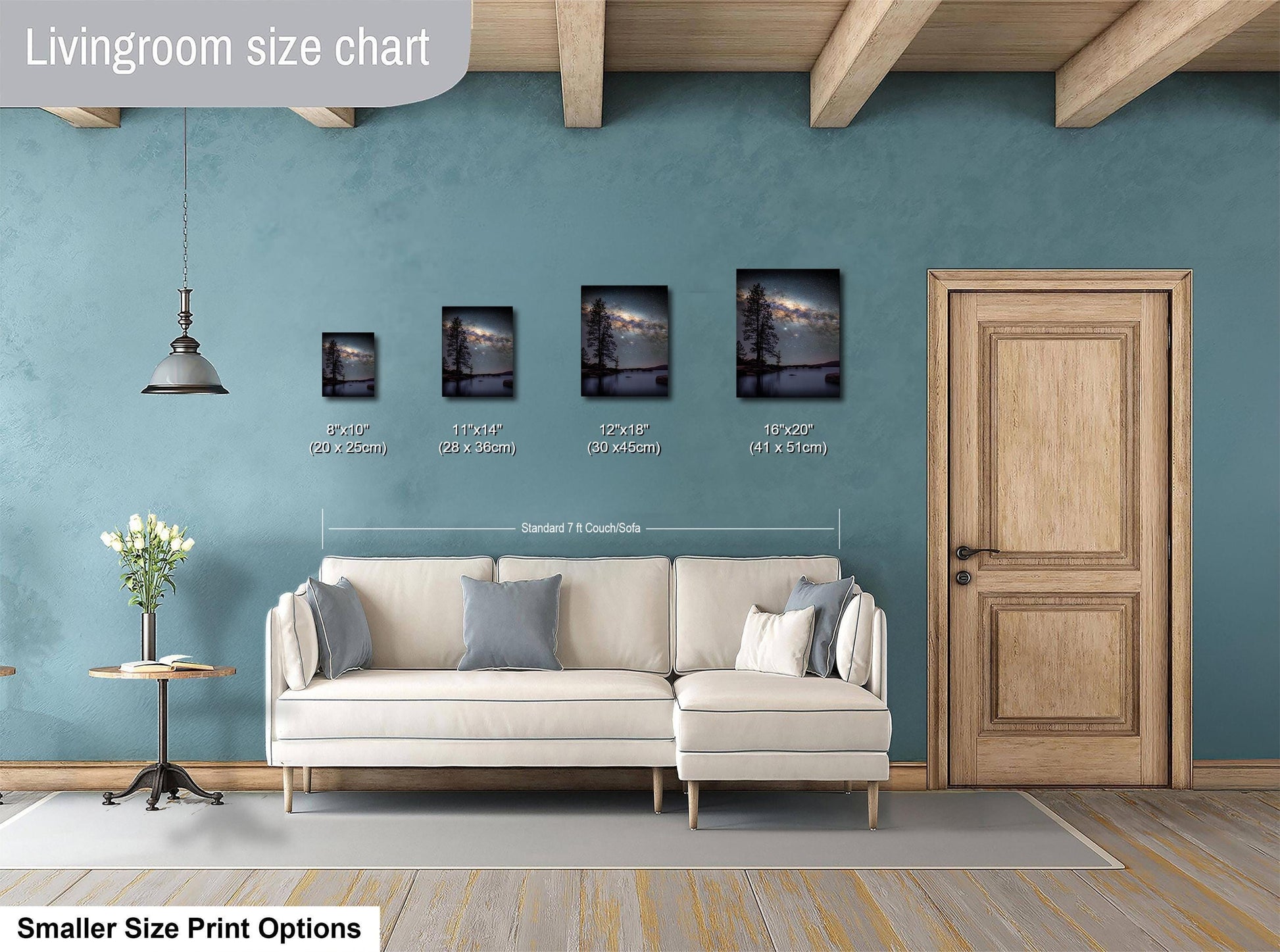 a living room with a white sofa and a wooden door. Above the sofa, there is a size chart displaying the dimensions of four framed landscape paintings in inches.