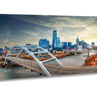 Nashville skyline sunset print, drone photo of Music City, Cumberland River wall art, Korean Veterans Bridge art, Tennessee skyline decor, autumn cityscape photography, Nashville downtown photo, sunset drone shot Nashville, iconic Batman Building art, golden hour cityscape, peaceful urban landscape, fine art Nashville print, inspirational city wall decor, modern Southern photography, skyline bridge photo