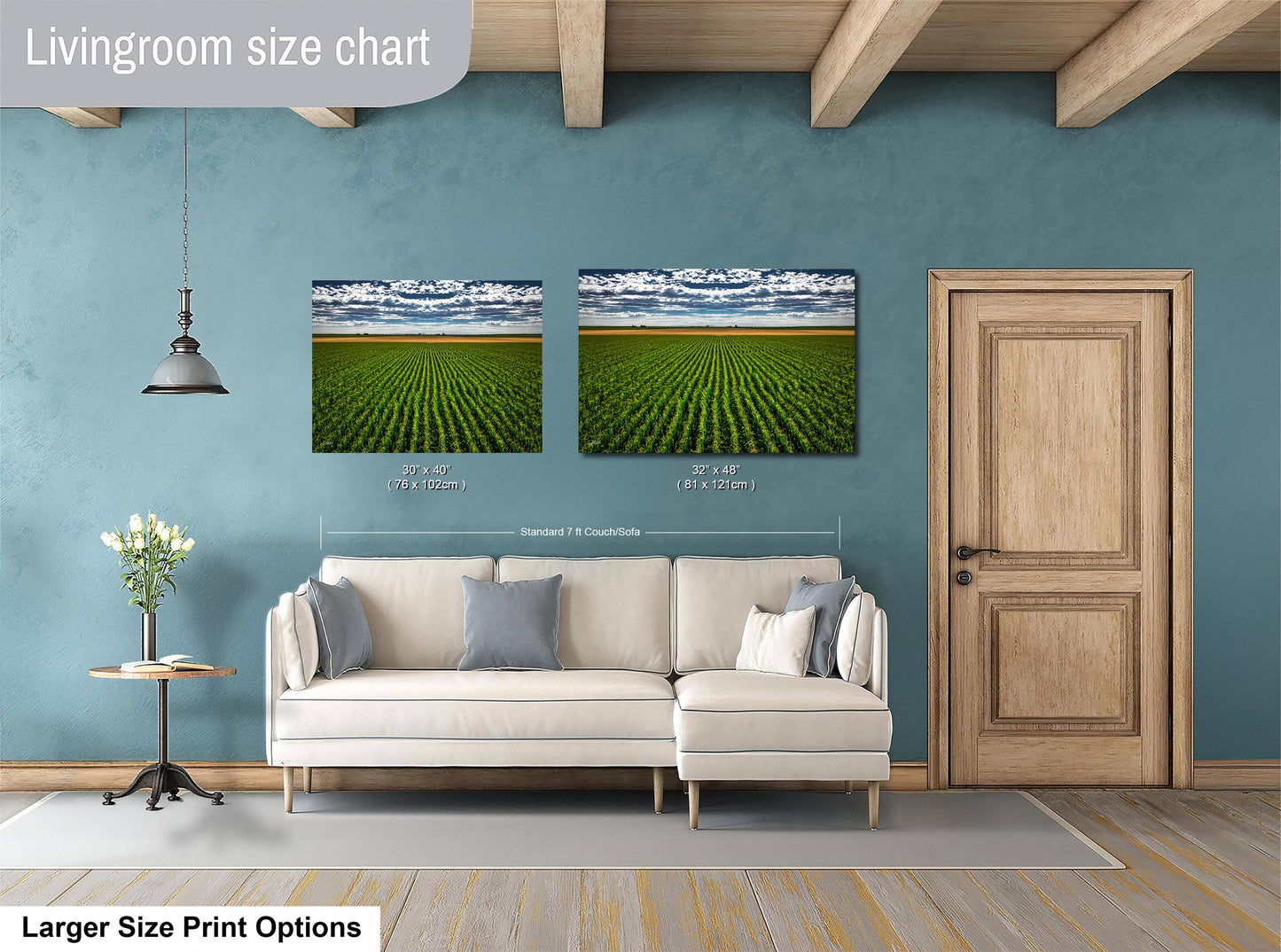 a living room with a white sofa, a wooden door, and two framed pictures of a field of crops hanging on the wall.