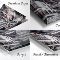 The image is a collage of four different types of printed materials, including a premium paper, a canvas wrap, an acrylic, and a metal/aluminum.