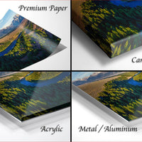 The image is a collage of four different views of a landscape, including a river, mountains, and trees. The collage is labeled with the words "Premium Paper", "Canvas Wrap", "Acrylic", and "Metal/Aluminum".