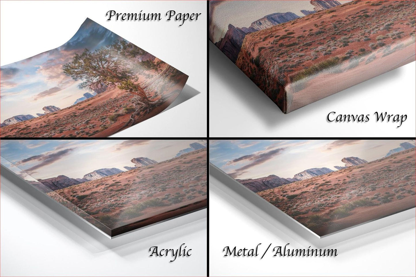 The image is a collage of four different images depicting a desert landscape, with each image labeled as either "Premium Paper", "Canvas Wrap", "Acrylic", or "Metal/Aluminum".