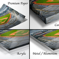 four different views of a baseball stadium, including a close-up of the field, a top-down view of the stadium, a side view of the field, and a bottom-up view of the field.