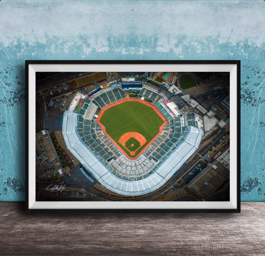 An aerial view of a baseball stadium, with the field, seating areas, and surrounding infrastructure clearly visible.