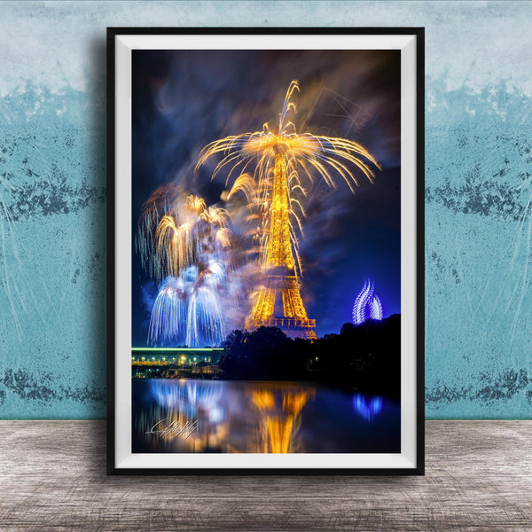 Paris Fireworks Print - Eiffel Tower Art With Bastille Day Celebration Fireworks Night
